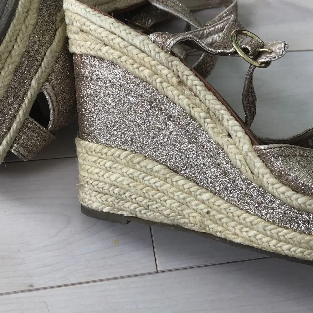 Nine West Women's Gold Sparkly Strappy Wedge Heels Size 9.5